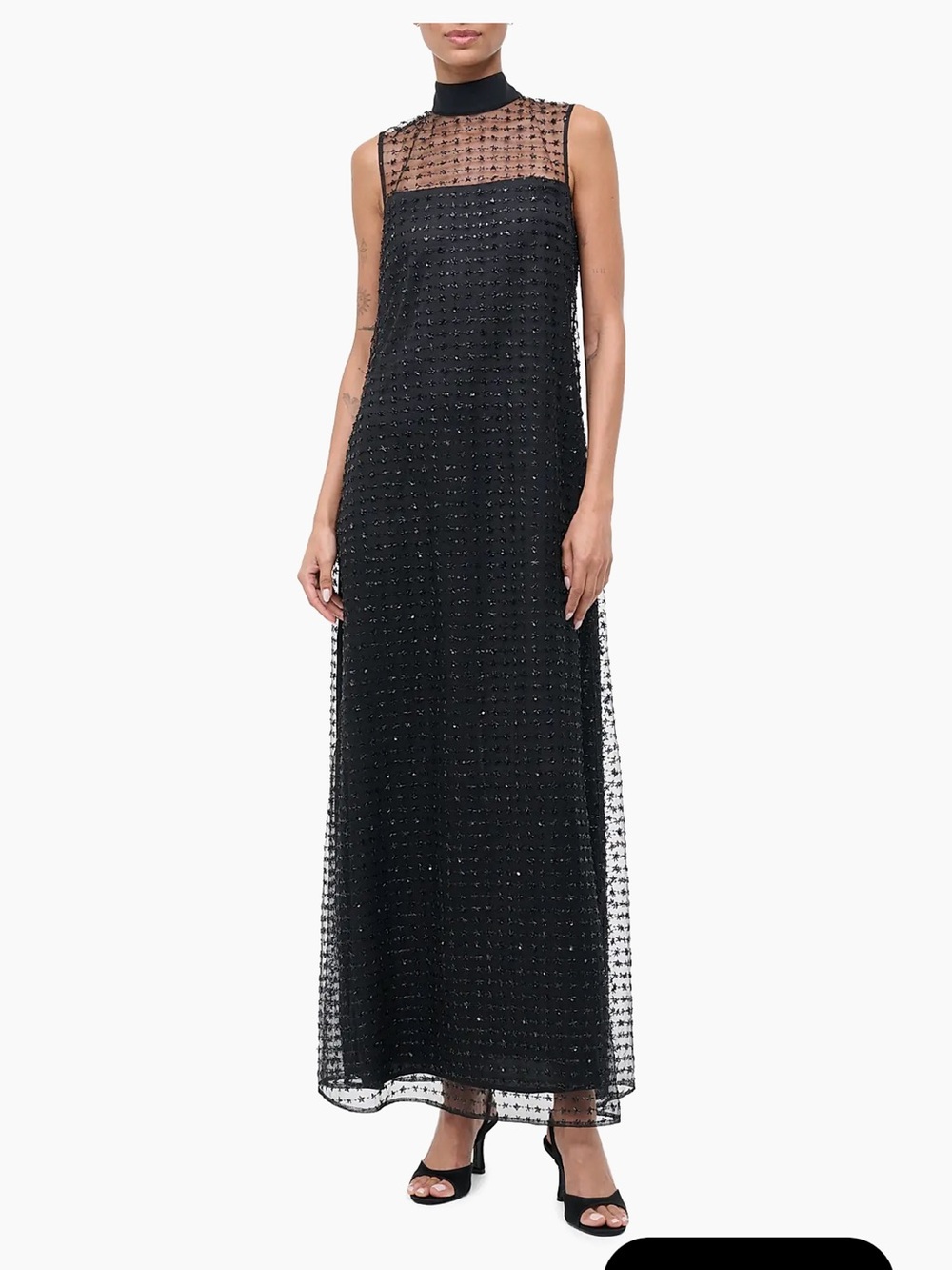 Staud Albee Sleeveless Black Maxi Evening Dress with Sheer Embellished Overlay